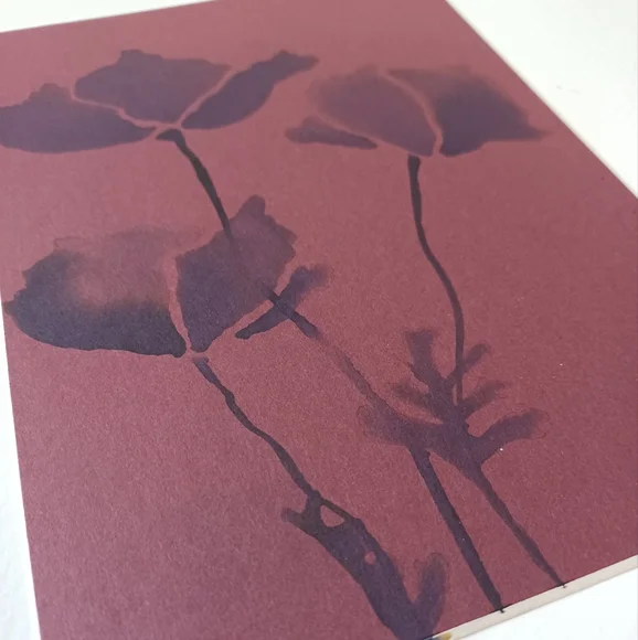 ORIGINAL ART Ink Poppies on Maroon Mat Board. 5"x7" Moody, Whimsical, Subtle - Picture 3 of 7